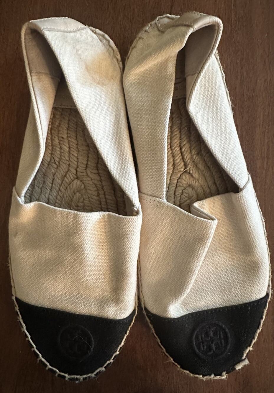Tory Burch Canvas Cap Toe Espadrille Flats Cream Black Double T Logo Size 38